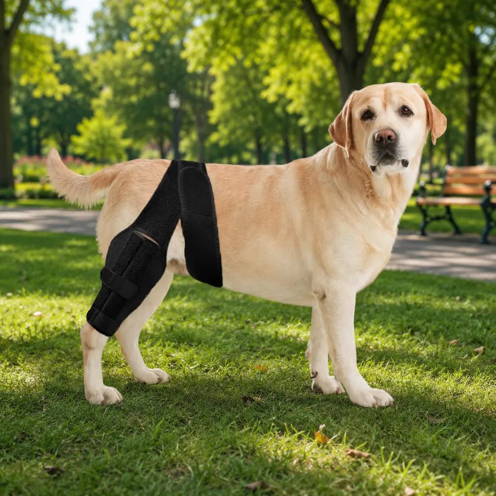 Dog wearing a supportive knee brace while standing outdoors in a park during rehabilitation