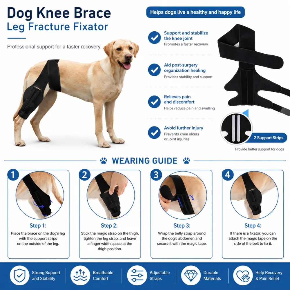 Dog knee brace helping stabilize joints, relieve pain, and support recovery after surgery or injury
