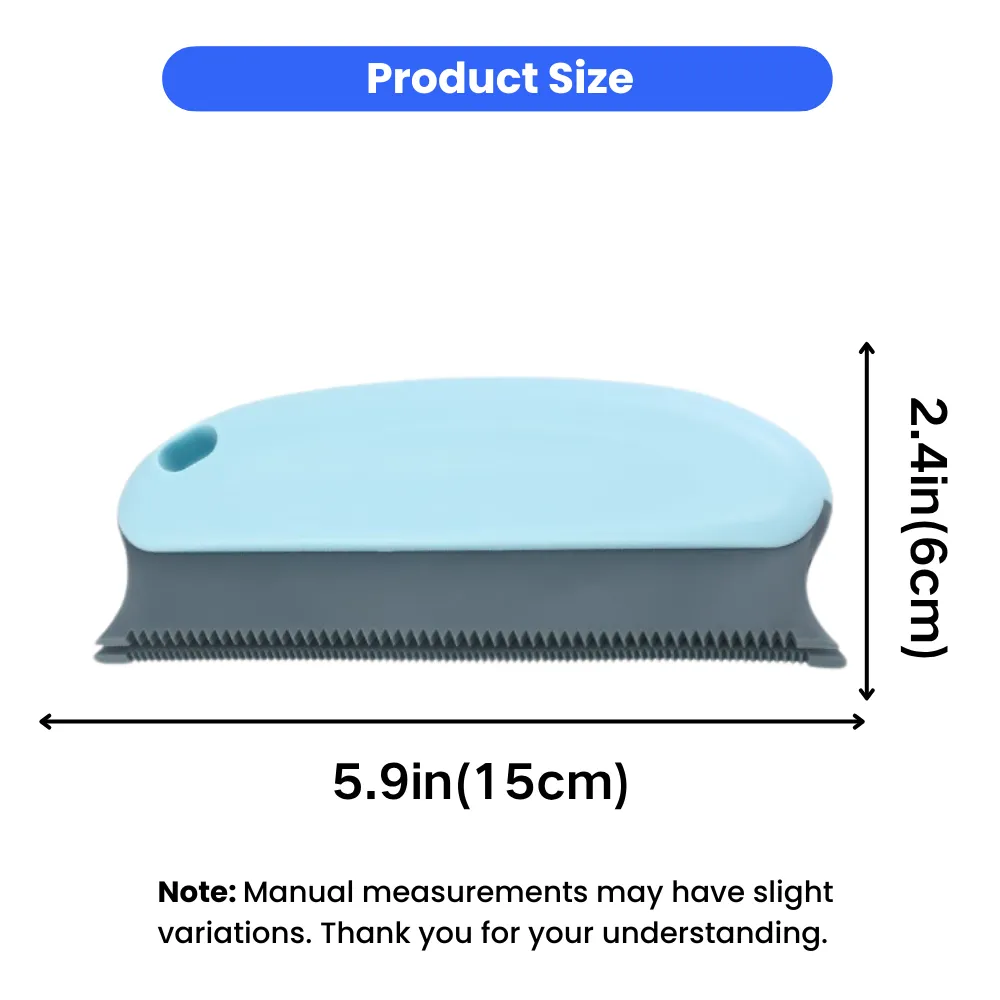 Pet hair remover brush measuring 5.9 inches by 2.4 inches for furniture cleaning