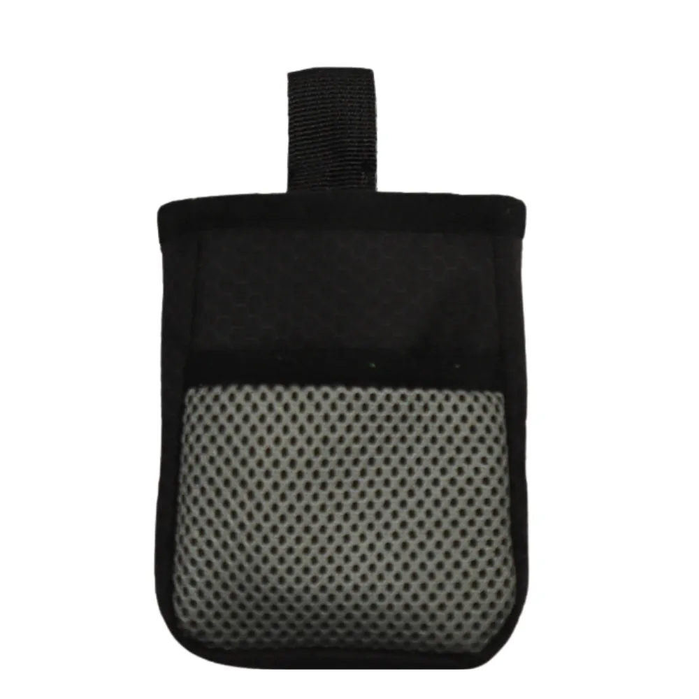 Black hanging dog treat pouch featuring breathable mesh compartment and reinforced hanging strap