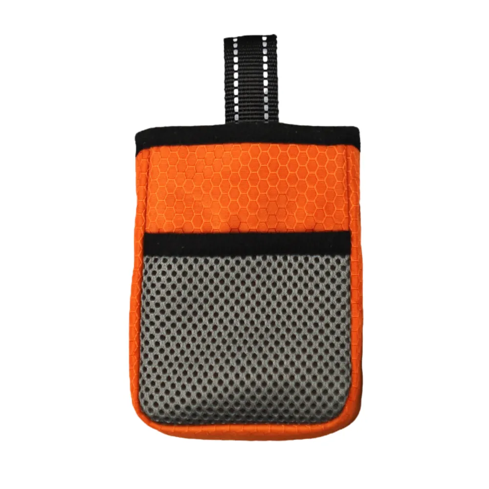 Orange dog training treat bag with lightweight breathable mesh front and hanging loop design