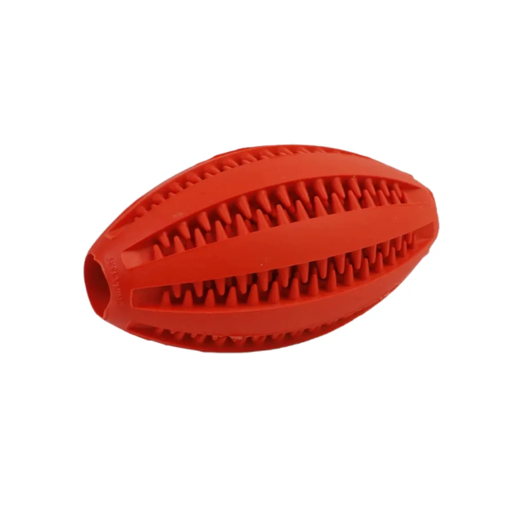 Red interactive rugby-shaped dog toy with textured chewing surface