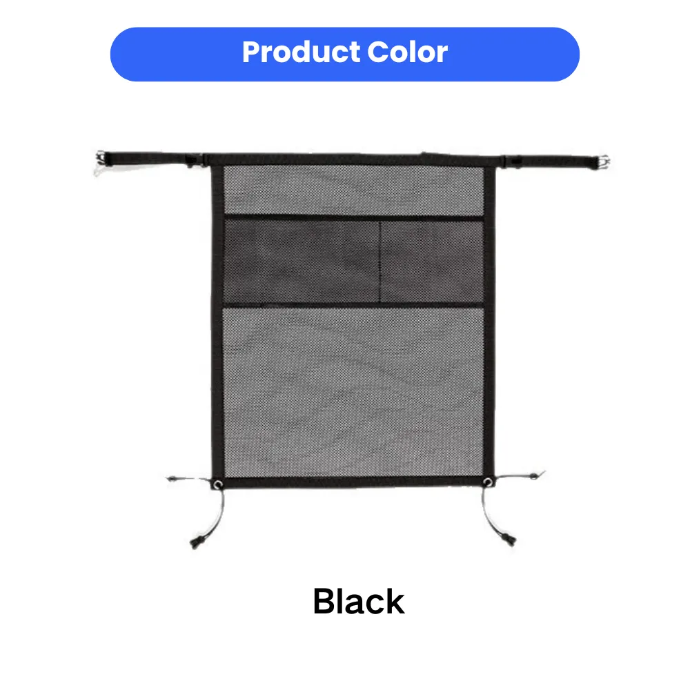 Black mesh dog car barrier net with adjustable straps and storage pockets