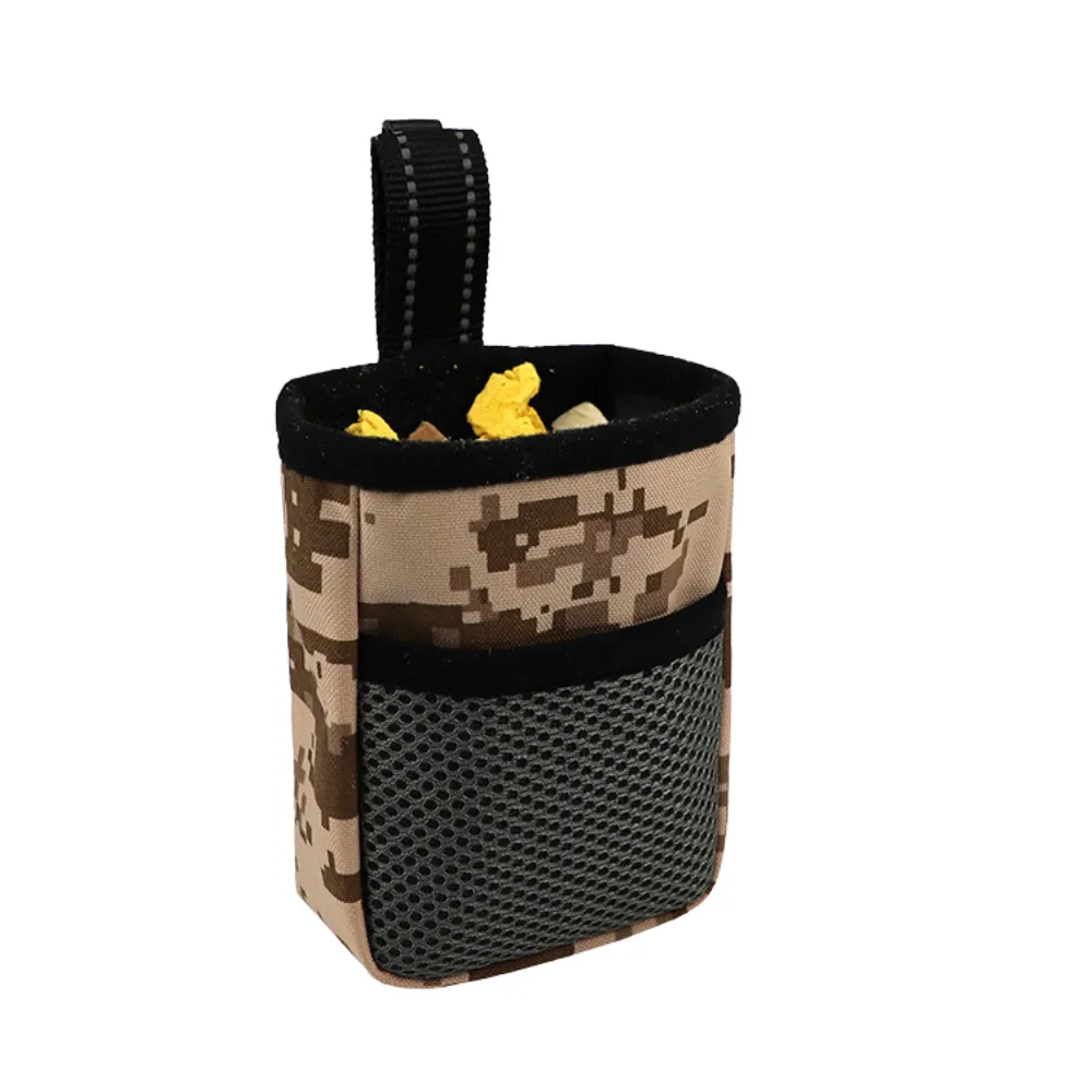 Open dog treat pouch with hanging strap and mesh pocket holding dog treats for training and outdoor walks
