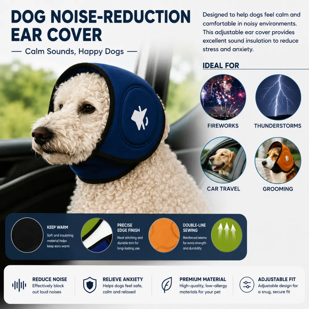 Dog ear protection cover reducing noise from fireworks, thunderstorms, travel and grooming