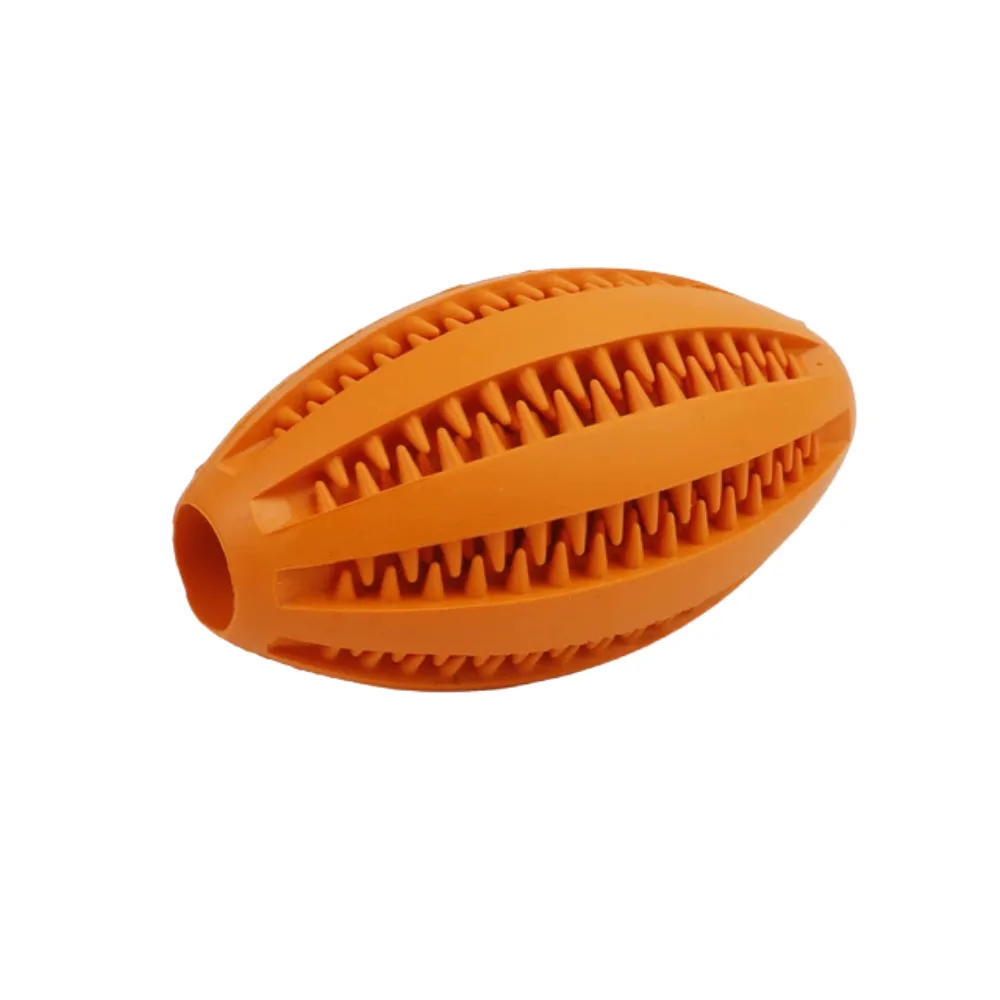 Orange durable rugby dog chew toy made from bite-resistant TPR material