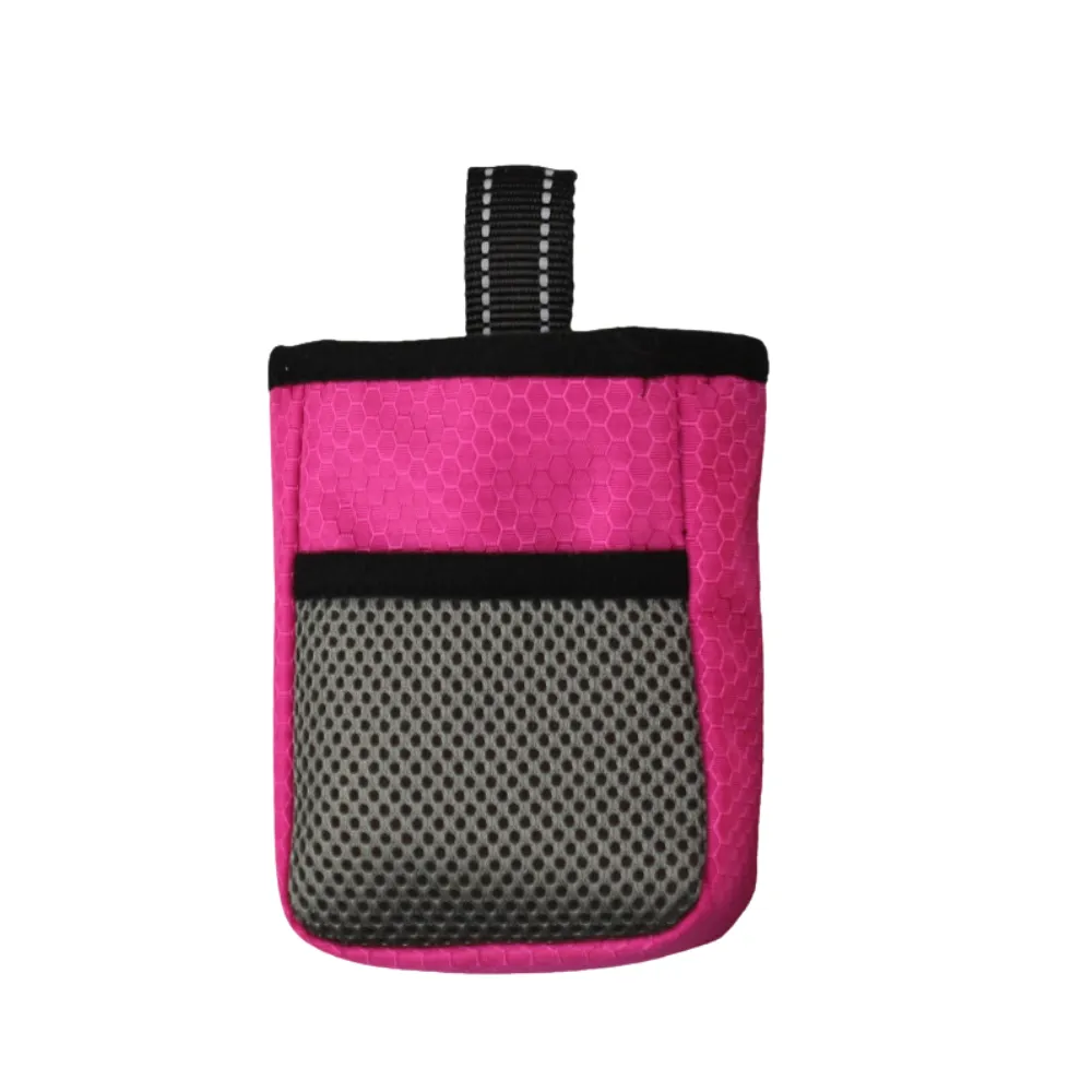 Rose pink dog walking bag featuring breathable mesh pocket and durable hanging strap