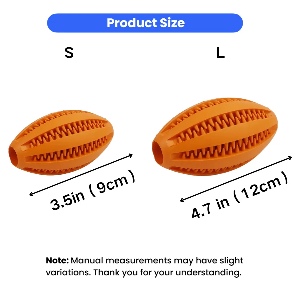 Dog rugby chew toy size comparison showing small and large sizes for different dog breeds