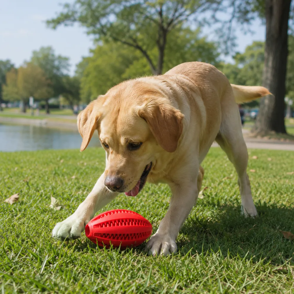 Labrador dog playing with a red rugby-shaped chew toy on grass in a park