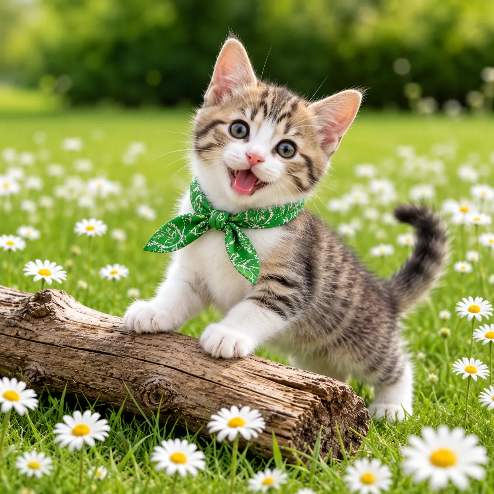 Cute kitten wearing green pet cooling scarf in sunny outdoor setting