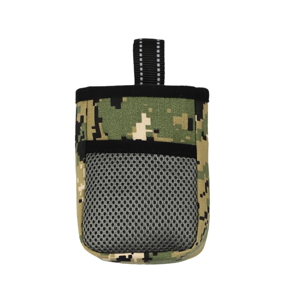Green dog walking treat pouch with breathable mesh front pocket and hanging strap for leash or backpack attachment