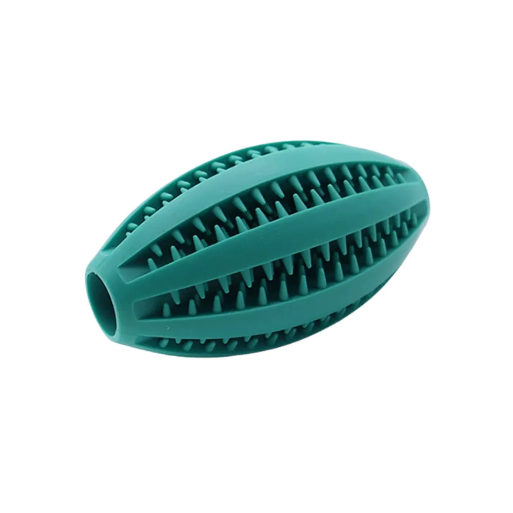 Lake blue rugby dog chew toy with treat dispensing opening and dental cleaning ridges