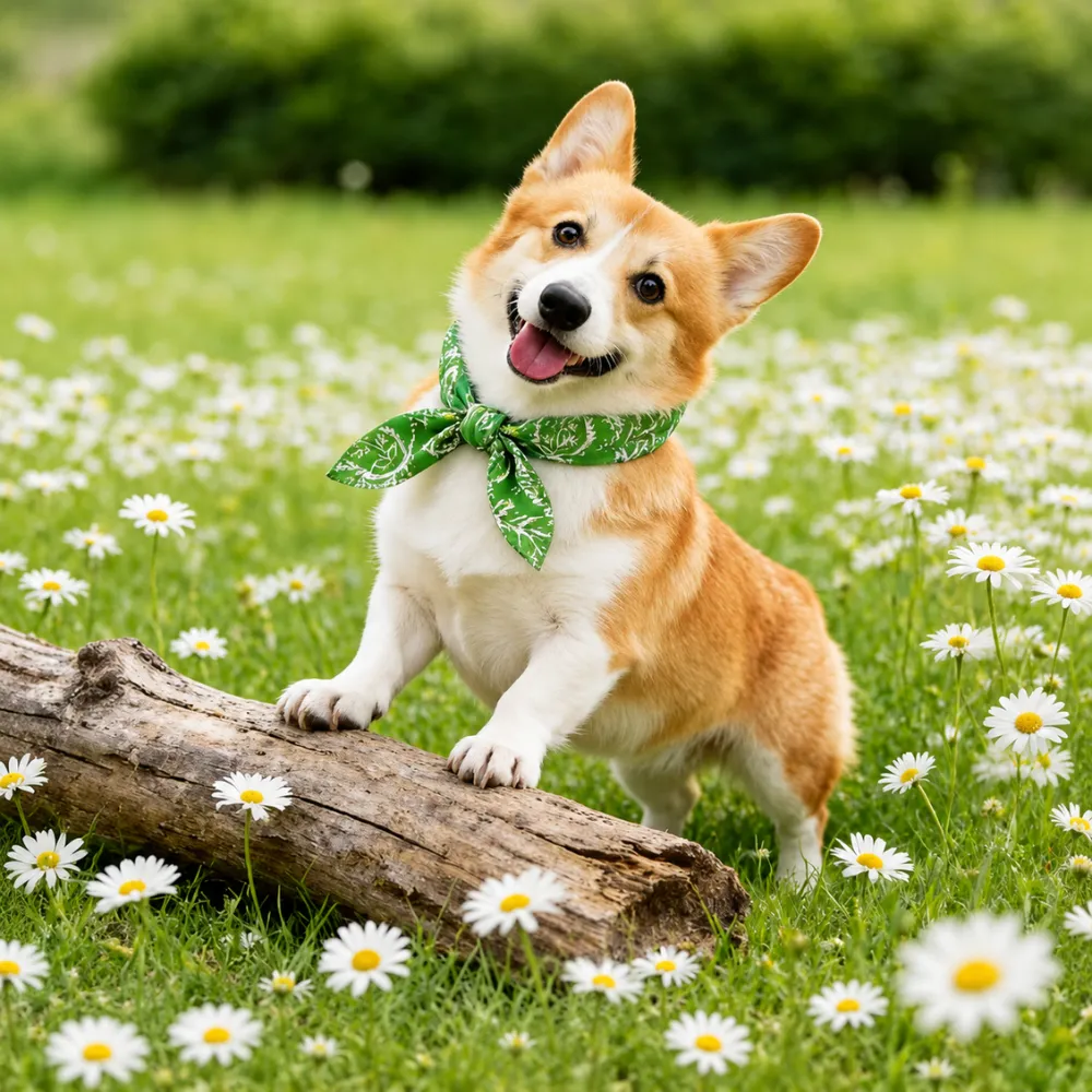 Happy corgi dog wearing green cooling scarf in outdoor summer environment