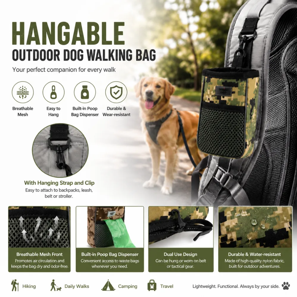 Hangable outdoor dog walking bag featuring breathable mesh pocket, built-in poop bag dispenser, durable nylon fabric and hanging clip