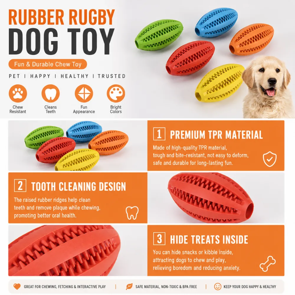 TPR rugby dog toy with teeth cleaning texture and treat dispensing function