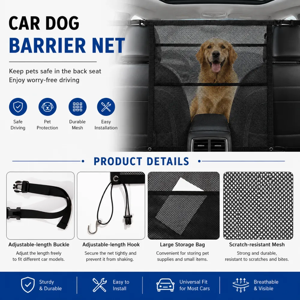 Car dog barrier net featuring adjustable buckles, storage pockets, and scratch-resistant mesh