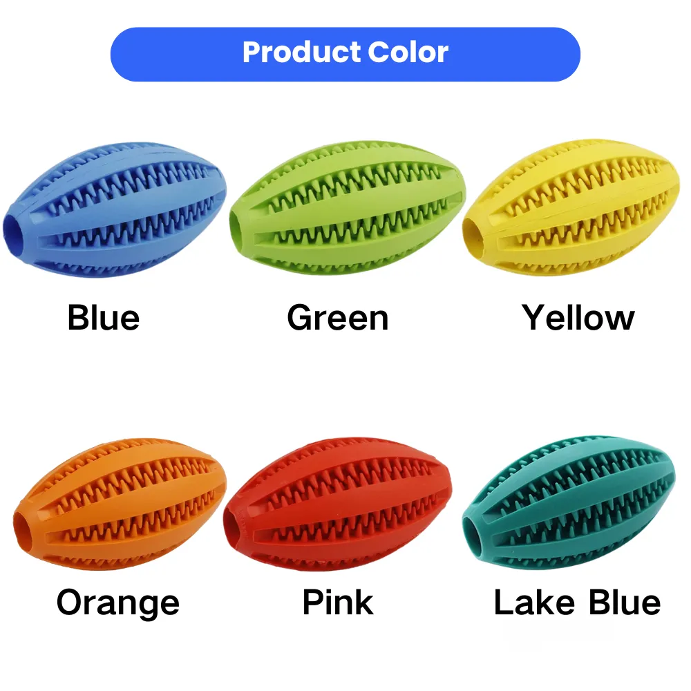 Rubber rugby dog toy available in blue green yellow orange red and teal colors