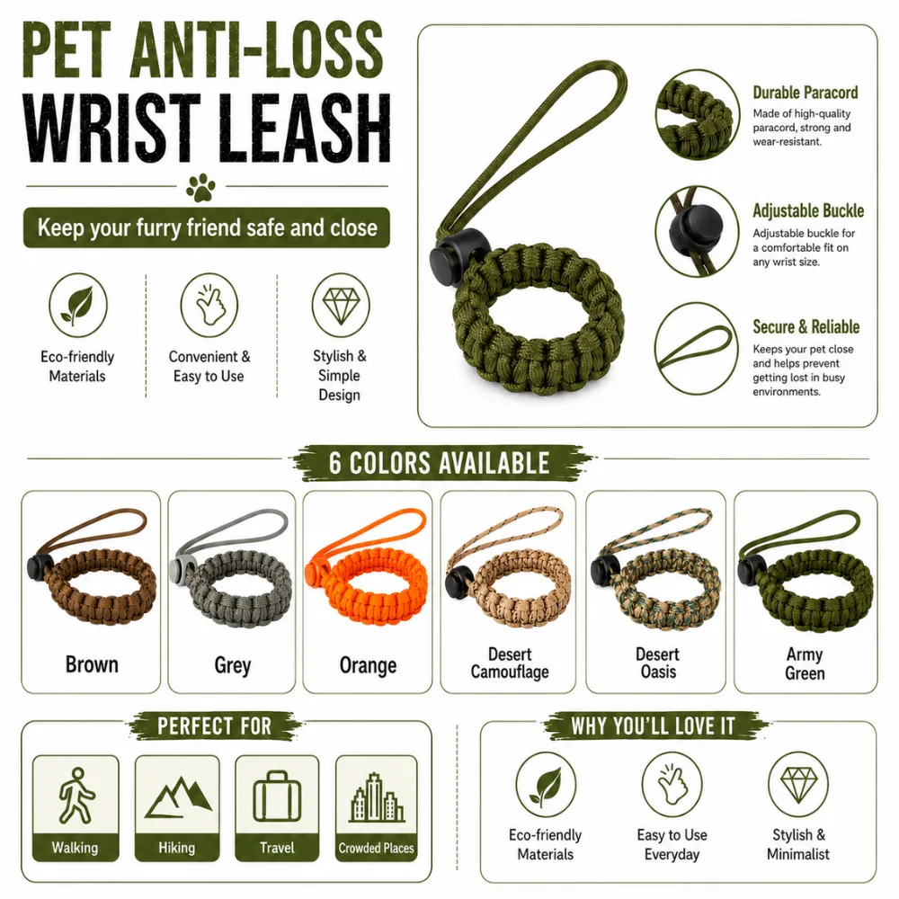 Durable paracord pet wrist leash with adjustable buckle and secure anti-loss design