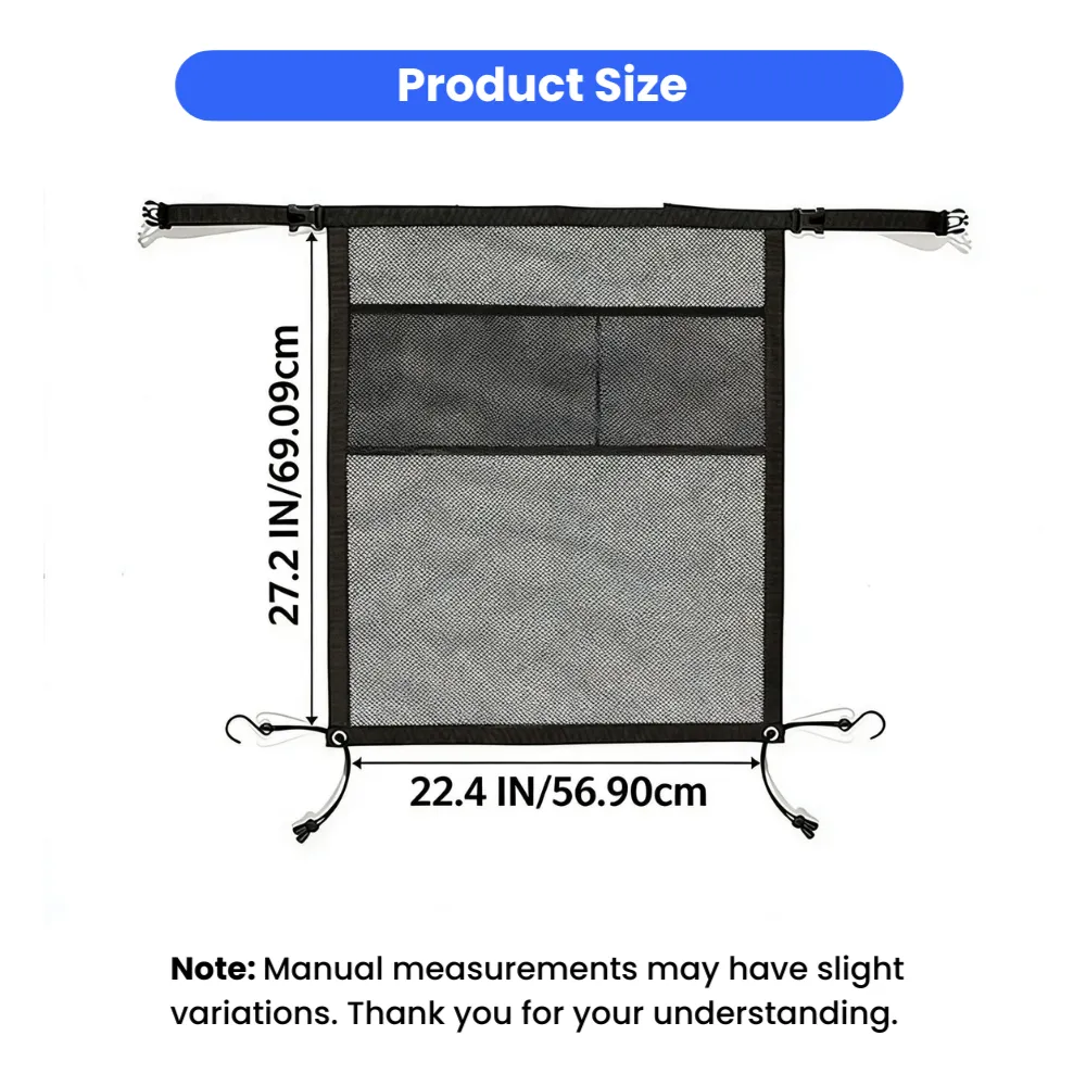 Car dog barrier net size guide showing 22.4 x 27.2 inch dimensions for vehicle installation