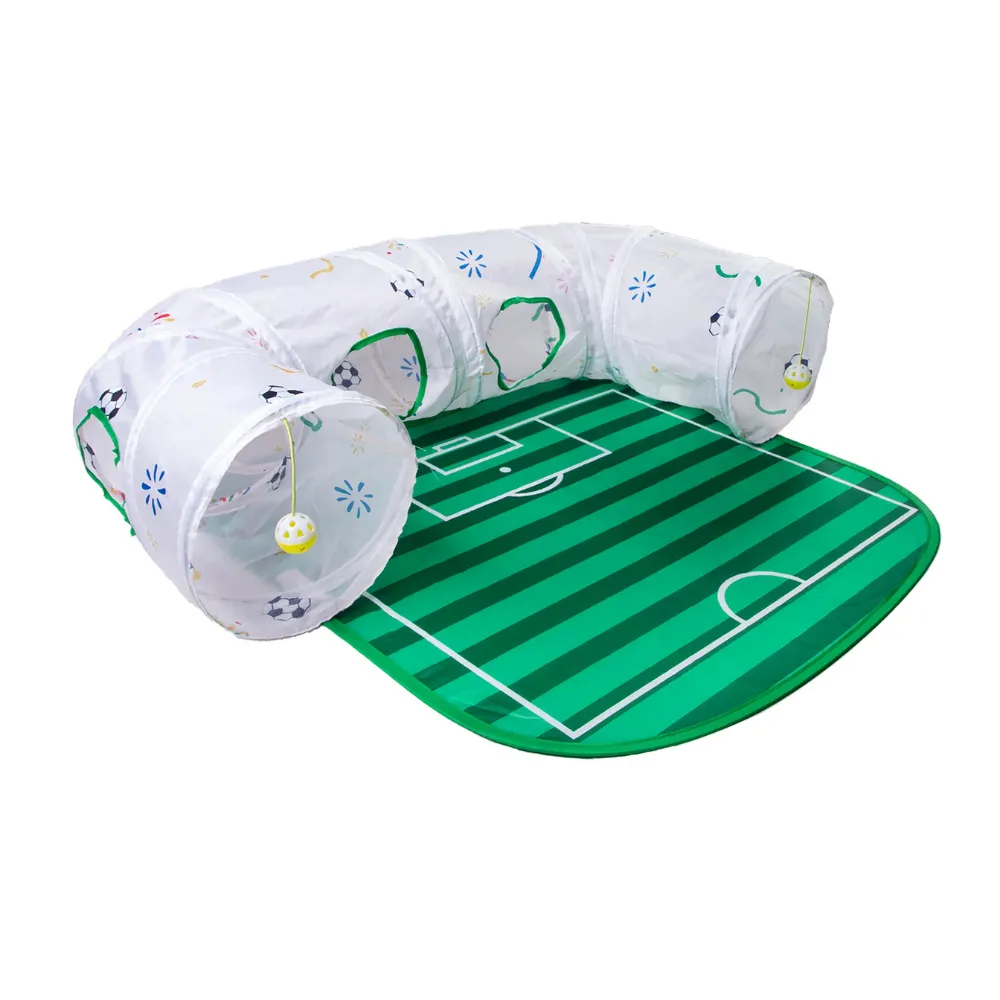 World Cup themed cat tunnel play set featuring a football field mat, interactive hanging toys, and foldable tunnel for indoor cats