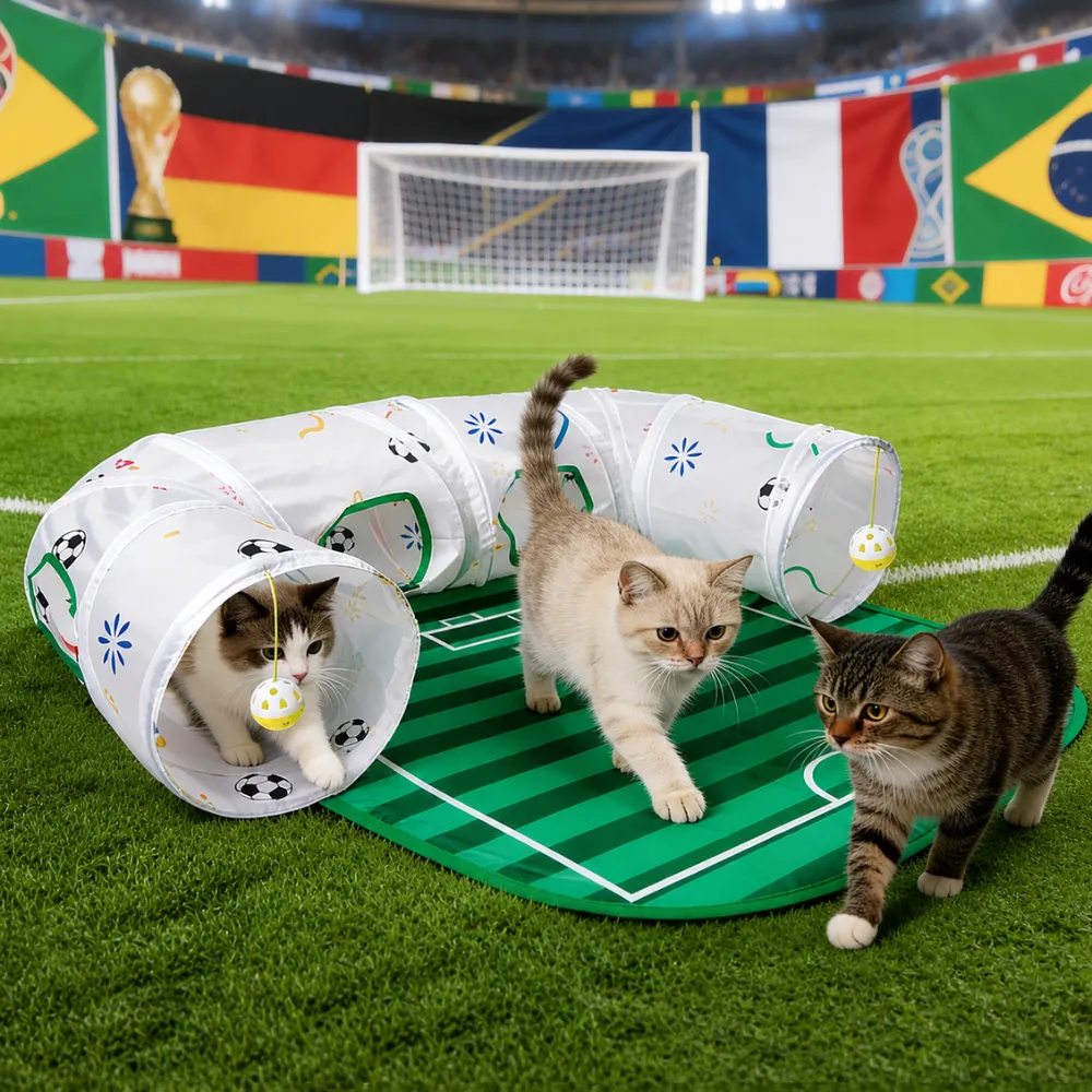Cats playing inside a World Cup football themed cat tunnel play set on a soccer field inspired mat