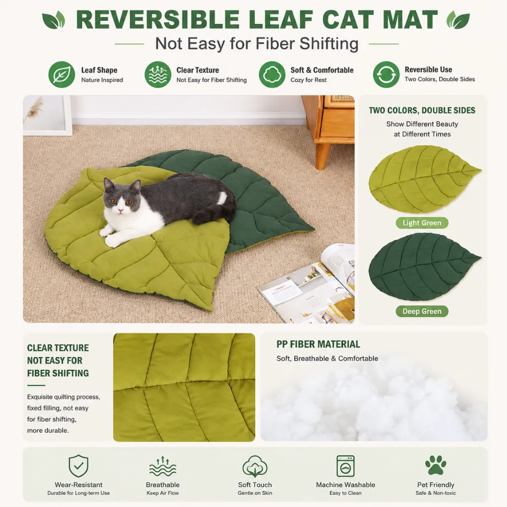 Soft reversible leaf cat cushion mat made of PP fiber material with quilted texture