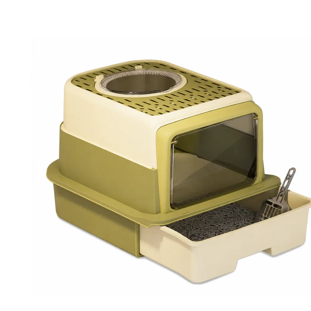Olive Green Extra Large Enclosed Cat Litter Box Olive green enclosed cat litter box with pull-out drawer and scoop for easy cleaning