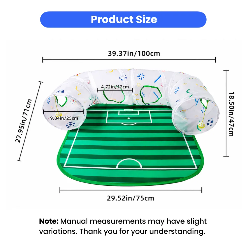 Dimensions of World Cup cat tunnel play set showing tunnel length, mat size, and entrance diameter