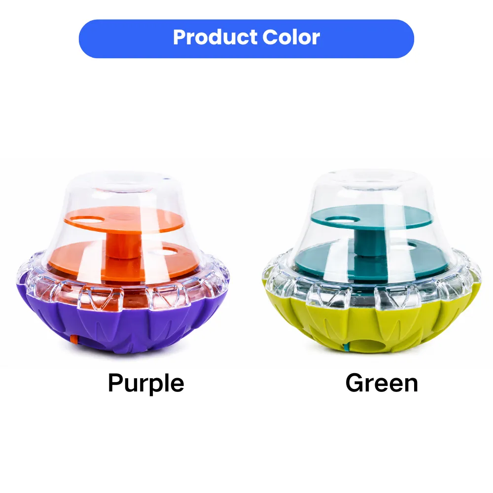 Interactive dog treat dispenser toy available in purple and green colors
