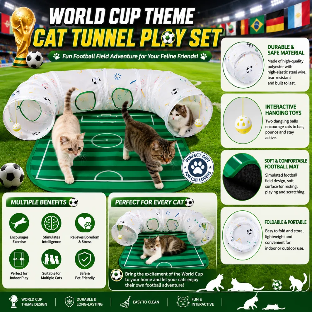 World Cup themed cat tunnel play set with football field mat, interactive hanging toys, durable polyester material, and foldable design