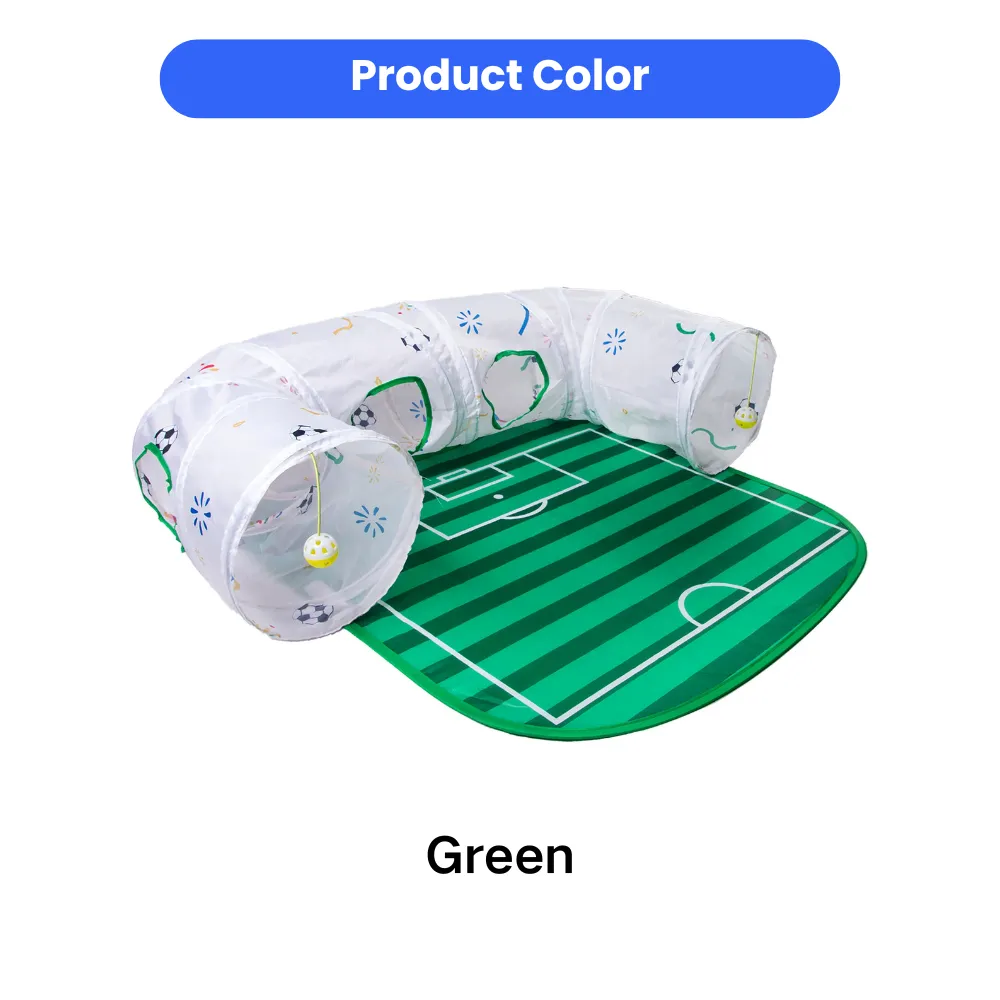 Green football field themed cat tunnel play set with interactive tunnel and play mat for cats