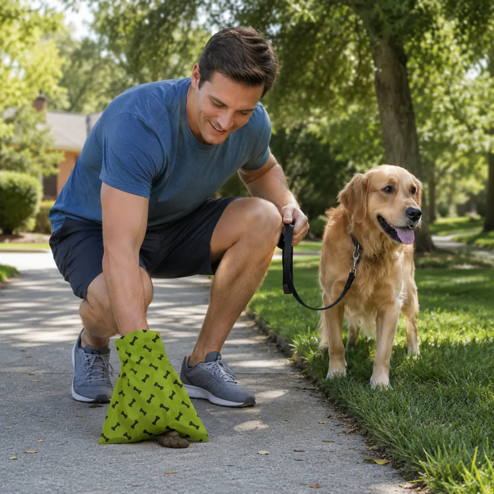 Dog owner picking up pet waste using green dog poop bag while walking a golden retriever outdoors