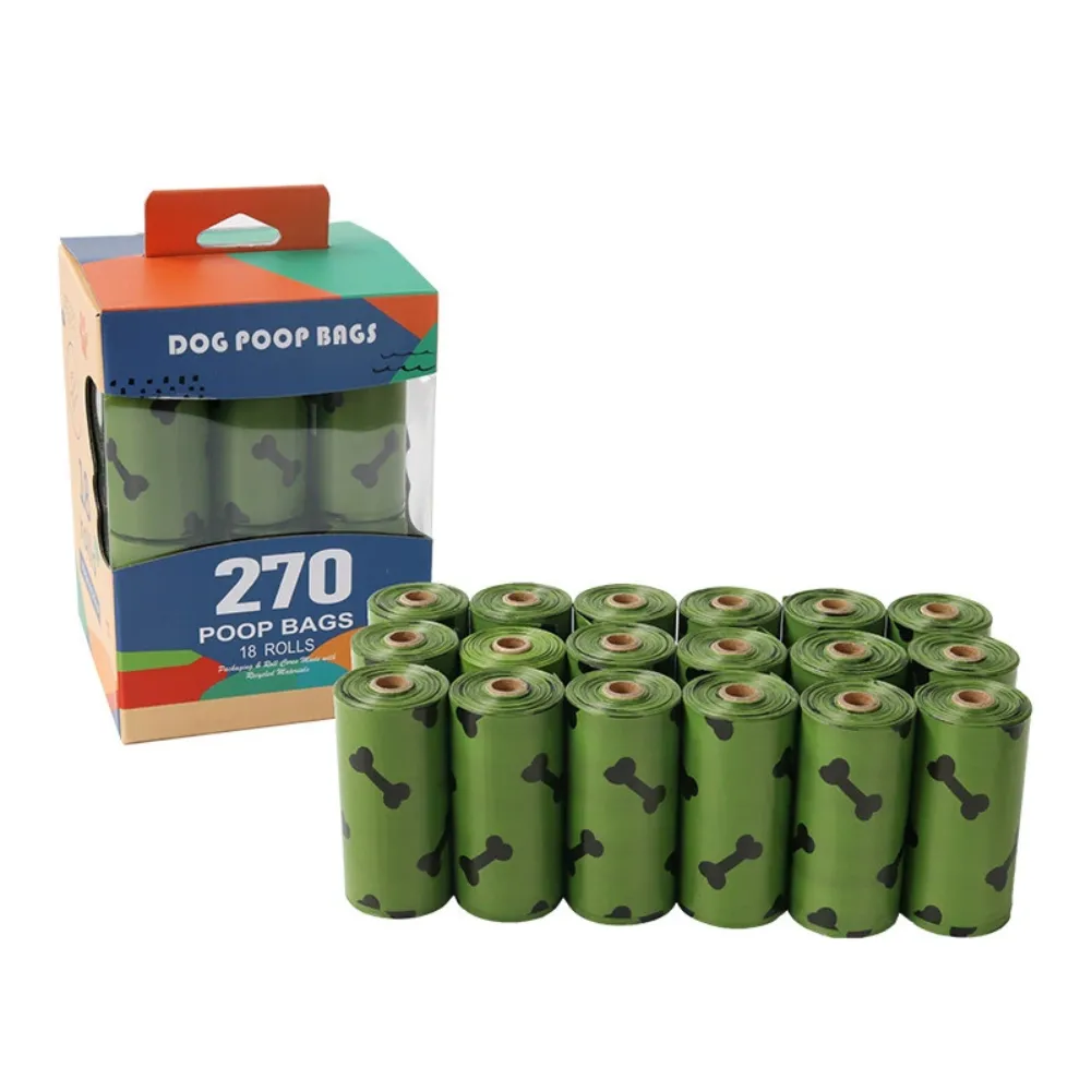 Military green dog poop bags with bone pattern packaging containing 18 rolls and 270 bags