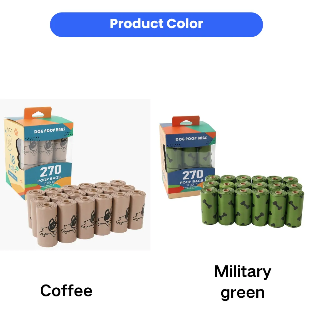 Dog poop bags available in coffee and military green colors with 18 rolls and 270 bags per pack