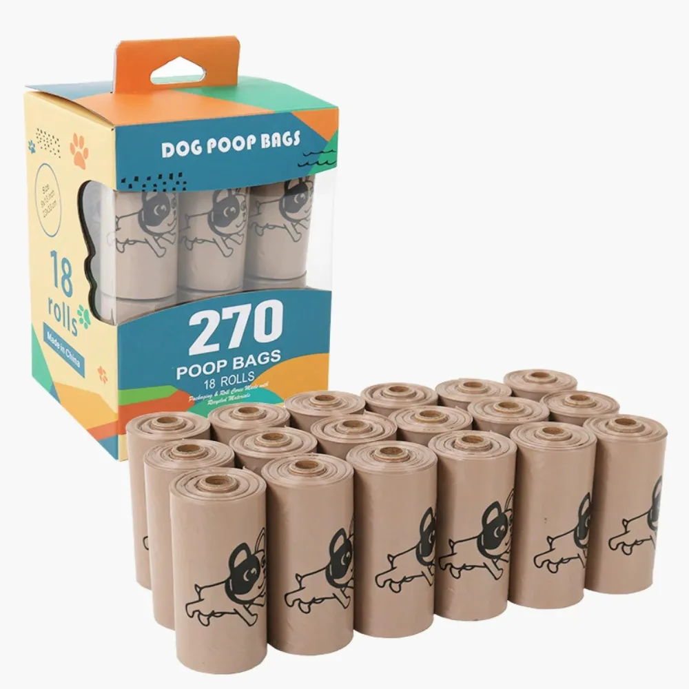 Coffee color dog poop bags with dog print design containing 18 rolls and 270 bags for wholesale supply