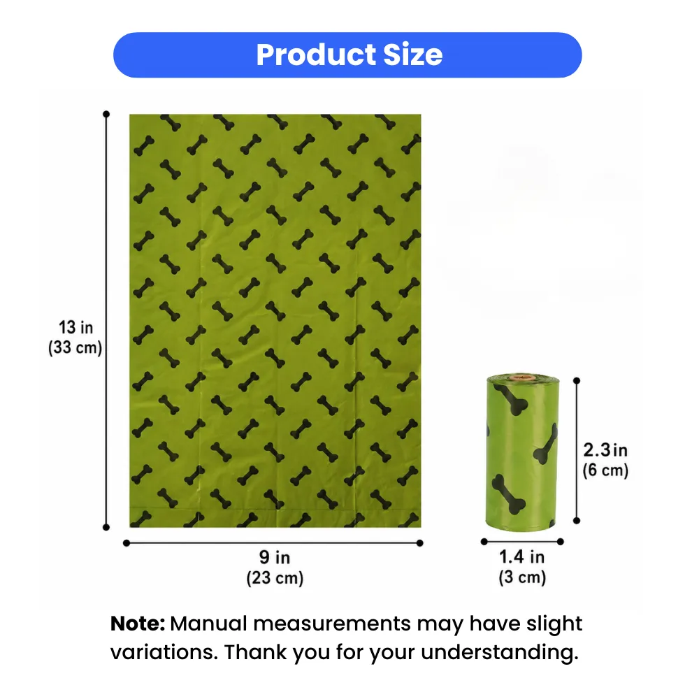 Dog poop bag dimensions showing 13 inch by 9 inch waste bags and compact roll size