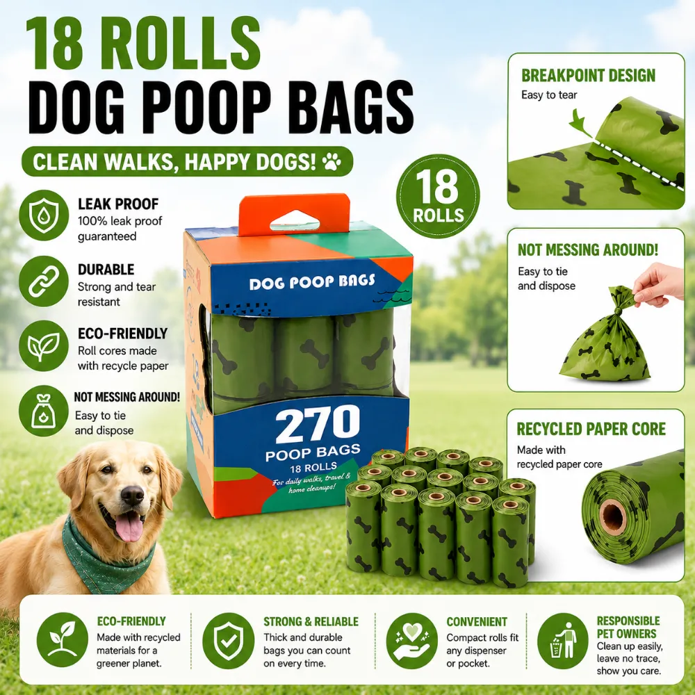 Leak proof dog poop bags with tear resistant material recycled paper core and eco friendly design