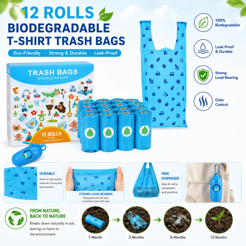 Eco-friendly biodegradable dog poop bags with dispenser, odor control, leak-proof design, and strong load-bearing capacity