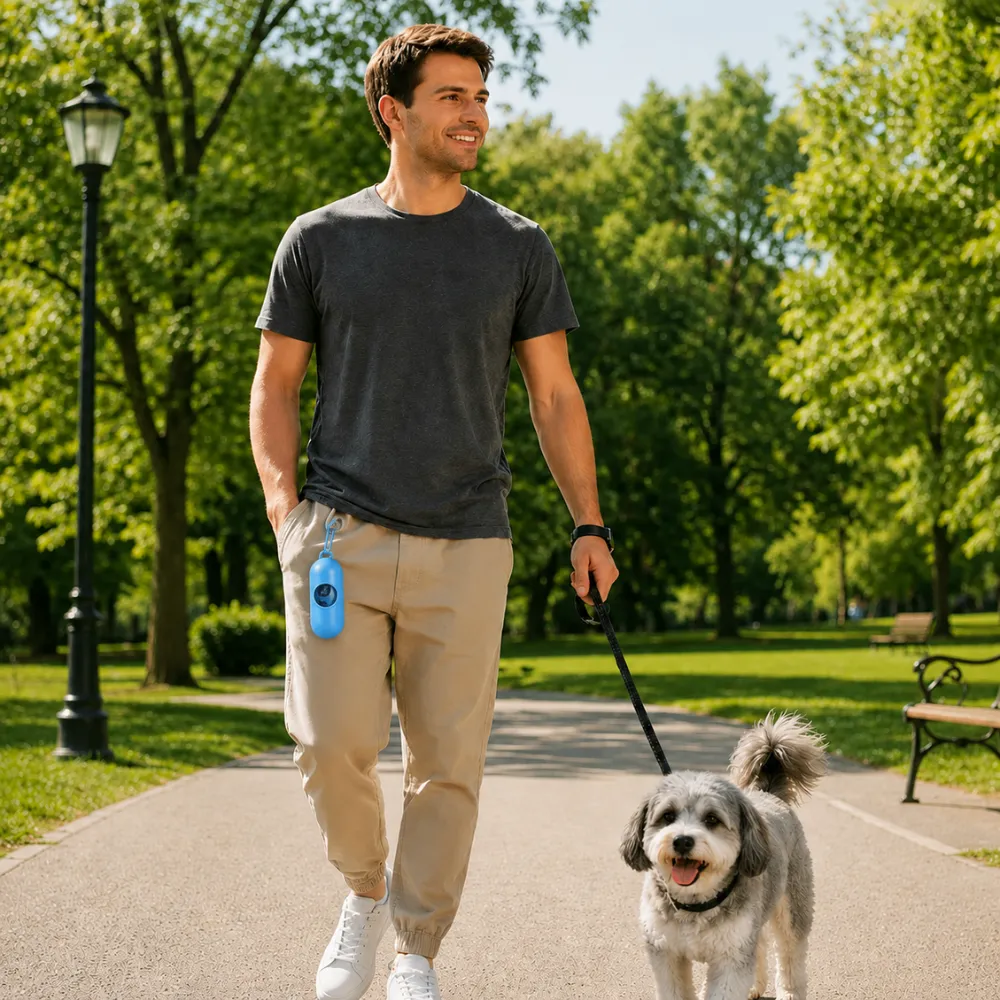 Pet owner walking a dog outdoors with a portable biodegradable poop bag dispenser attached to clothing