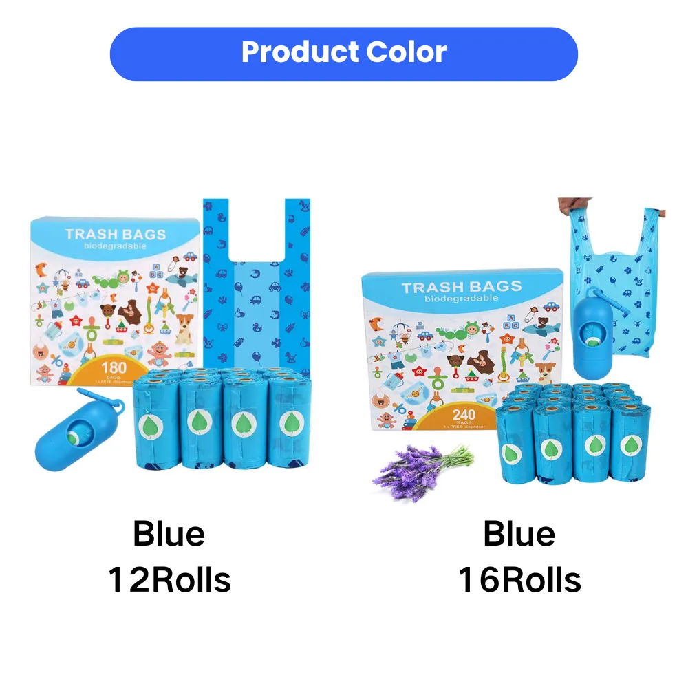 Blue biodegradable dog waste bags available in 12-roll and 16-roll packs with portable dispenser