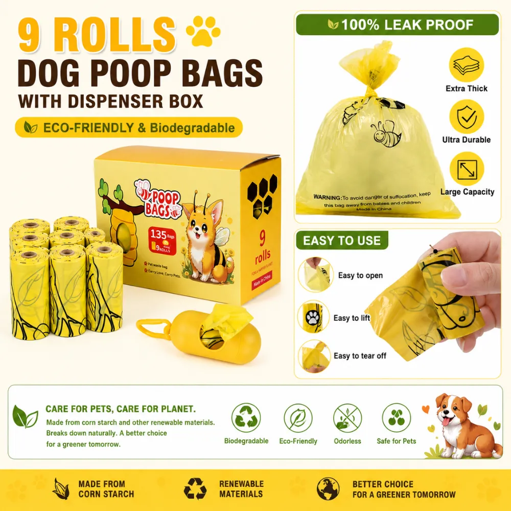 Leak-proof dog poop bags made from corn starch material with portable dispenser and easy-tear design