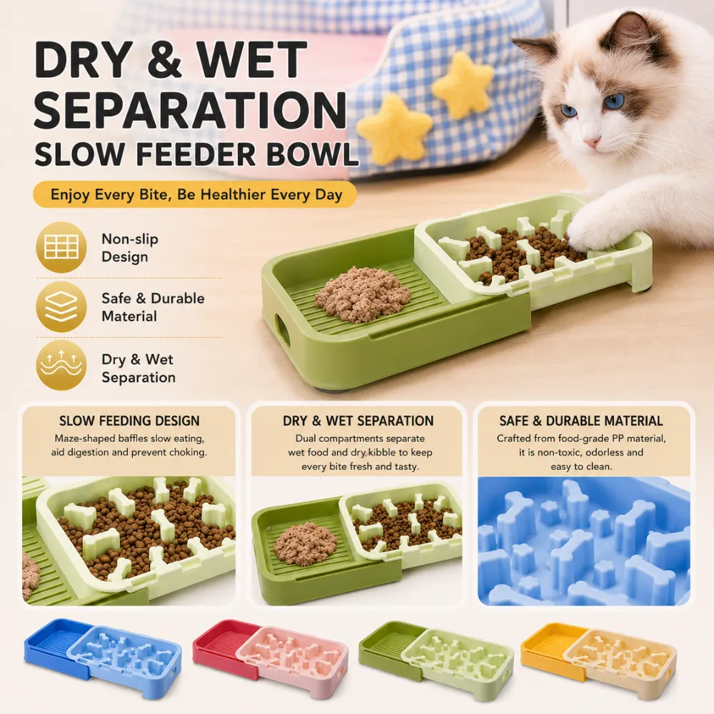 Slow feeder bowl with dry and wet food separation design helping improve digestion and prevent fast eating in pets