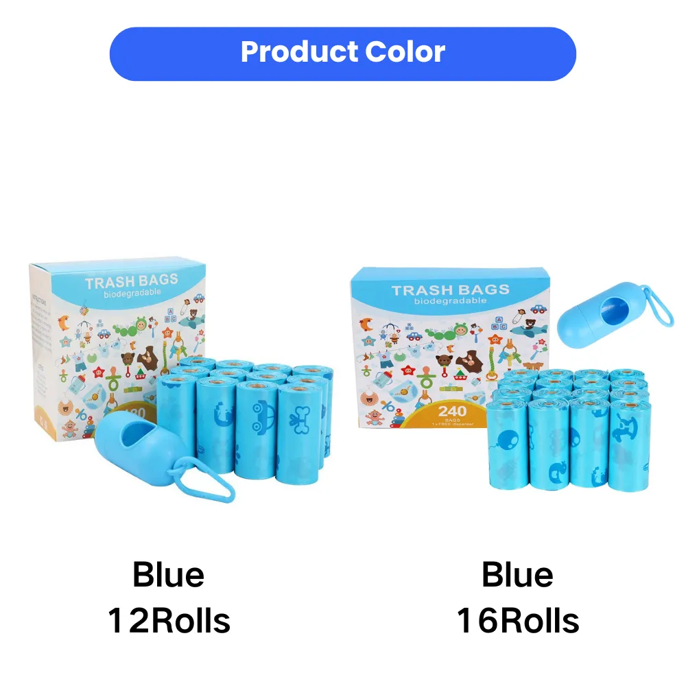 Blue dog poop bag set available in 12-roll and 16-roll options with portable dispenser