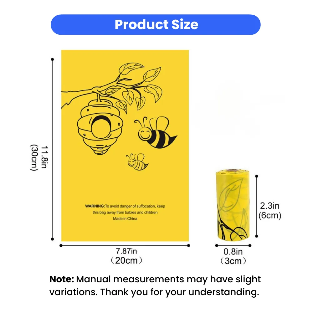 Size chart showing biodegradable dog poop bag dimensions and roll size for dispenser compatibility