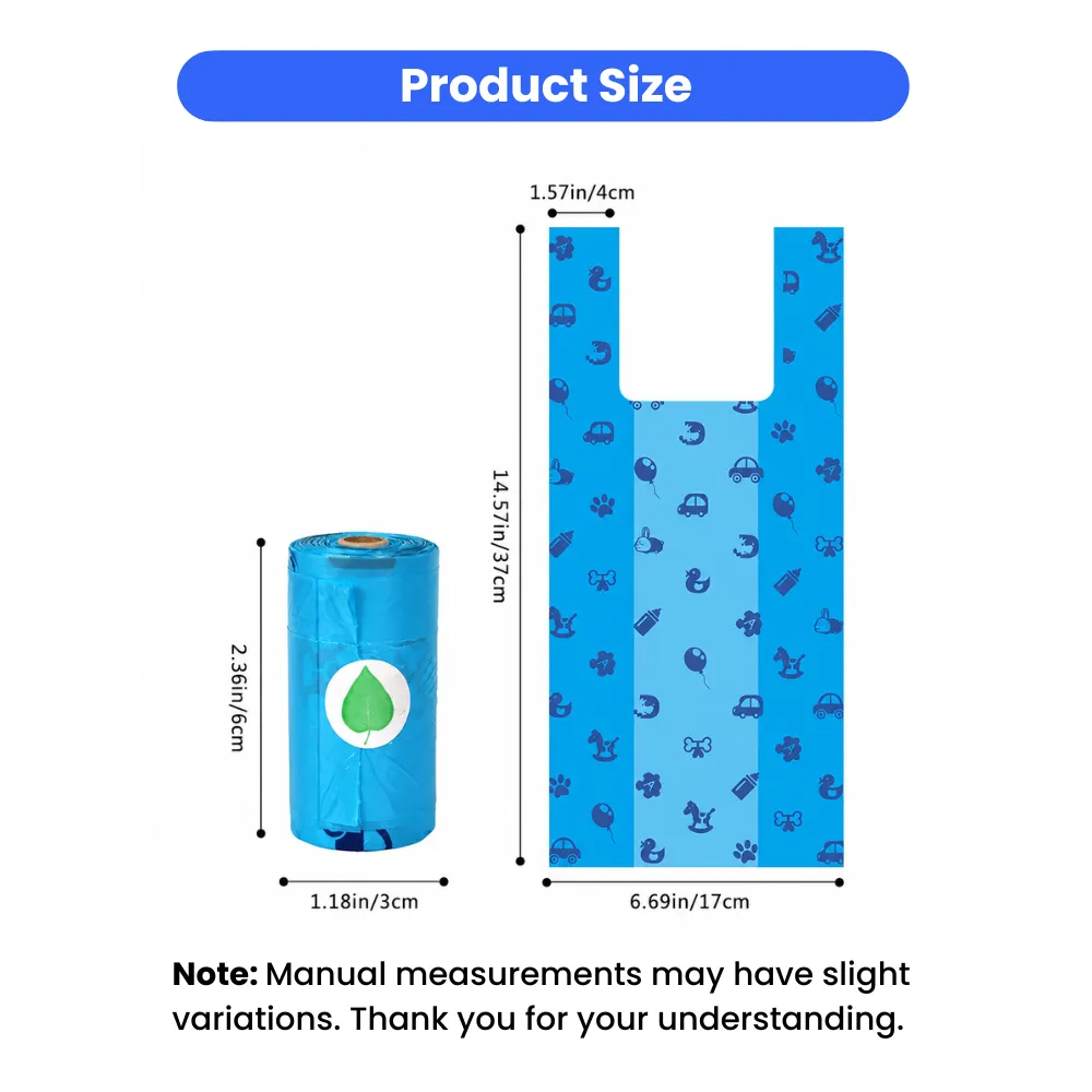 Size details of biodegradable dog poop bags and waste bag rolls with dispenser compatibility