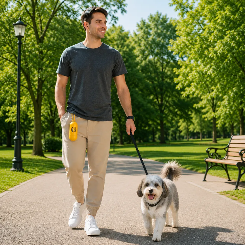 Dog owner walking a dog outdoors with yellow poop bag dispenser attached for convenient waste cleanup