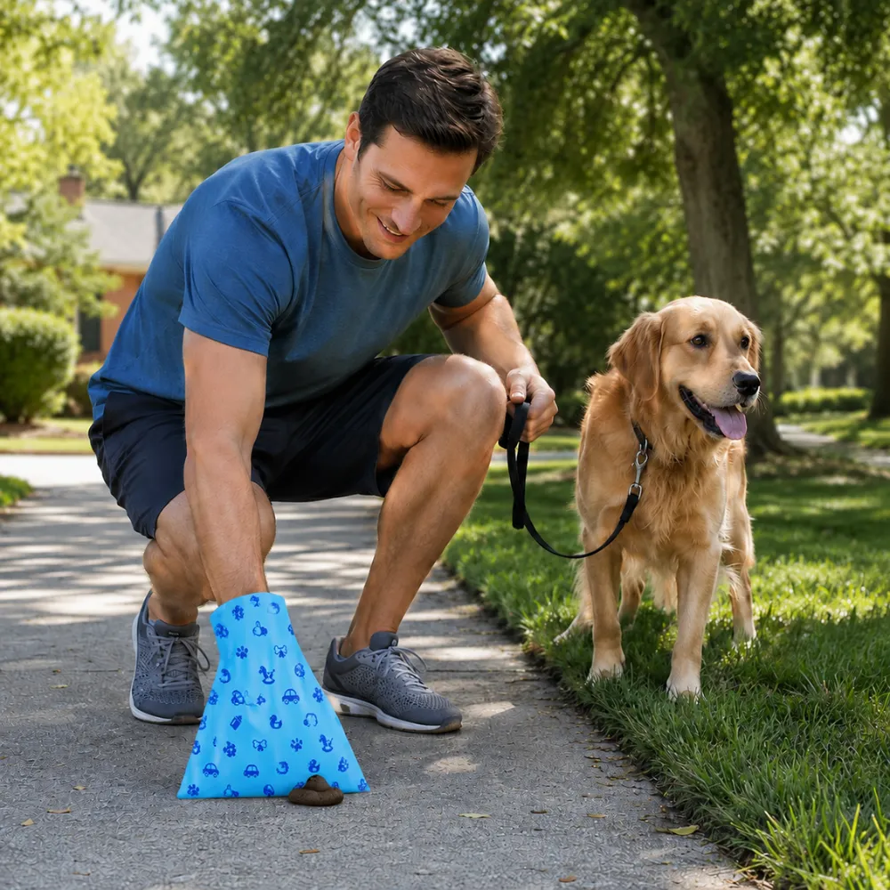 Dog owner picking up pet waste with biodegradable poop bag during outdoor walk