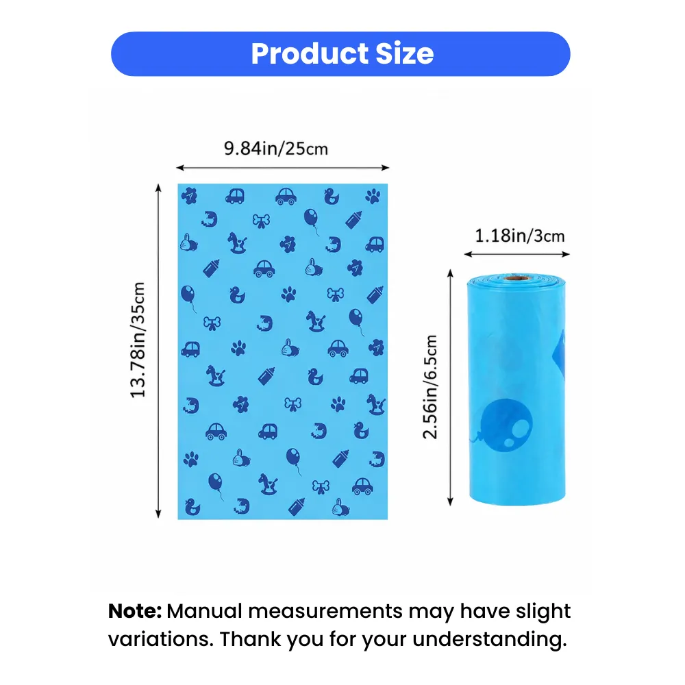 Size chart of biodegradable dog poop bags and roll dimensions for pet waste disposal