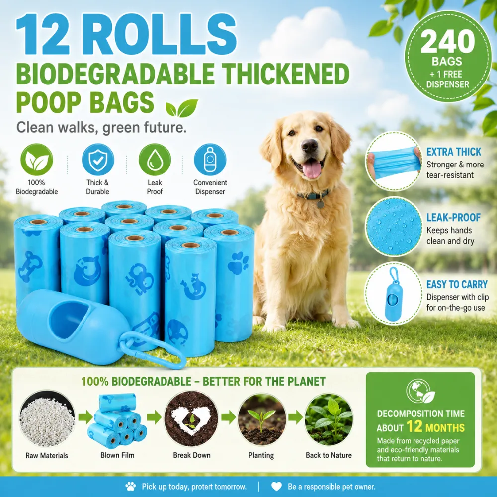 Extra thick biodegradable dog poop bags with dispenser, leak-proof pet waste bags for dogs