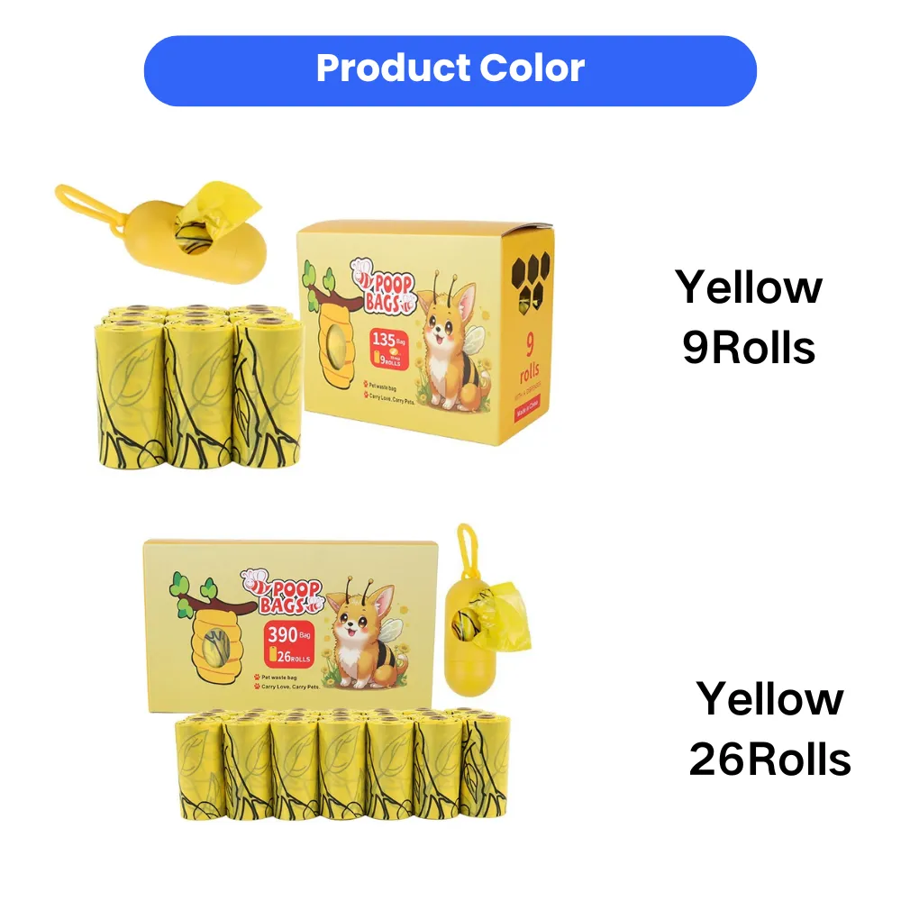 Yellow biodegradable dog waste bags with dispenser available in 9 rolls and 26 rolls packaging options